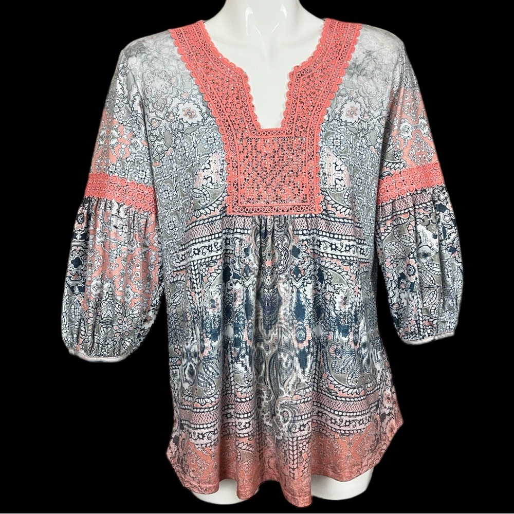 One World Bohemian Split Neck Studded Crochet Detail Poly Spandex Top Large